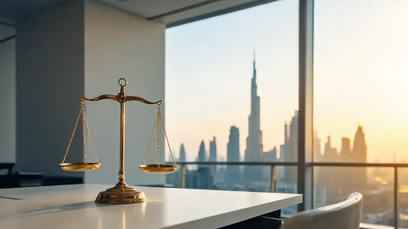Balanced judicial scales with Dubai skyline through window at golden hour, representing UAE legal equilibrium between statute and marketplace reality