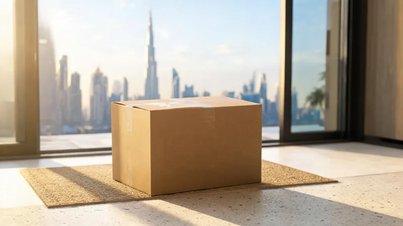 A plain brown package on a modern Dubai apartment doorstep in morning light, with the Burj Khalifa and Dubai skyline visible through a nearby window