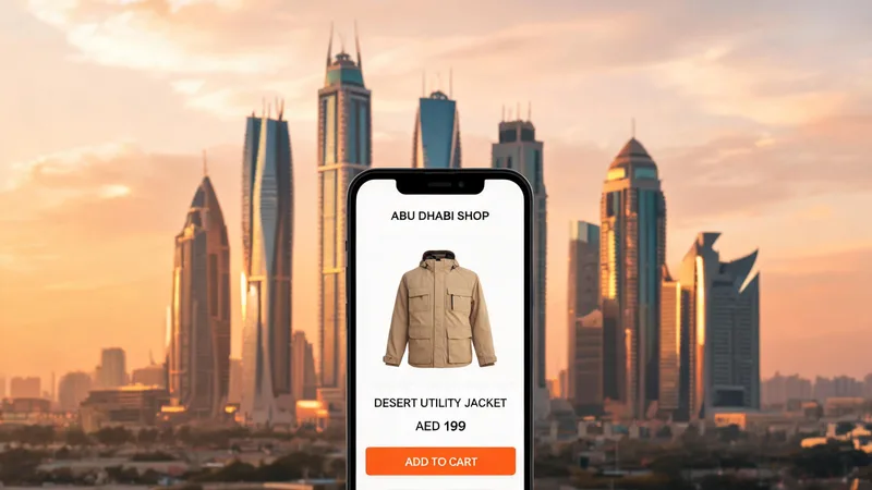 Modern Abu Dhabi skyscrapers at golden hour, with a smartphone displaying an e-commerce shopping interface in the foreground